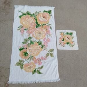 Vintage Fieldcrest Yellow & Pink Roses Bath Towel Washcloth 100% Cotton Lot Of 2